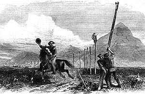 Early telegraph construction being saluted by a Pony Express rider, 1861.