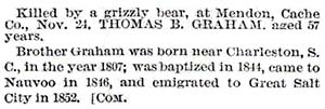 Thomas B. Graham Death Notice from the Deseret News, December 7, 1864.
