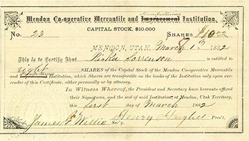 Mendon Co-operative Mercantile & Manufacturing Institution 1882 Share