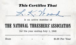 L.K. Wood's National Threshers' Association Card for 1949.